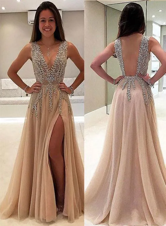 2024 A-line V-neck Nude Tulle with Slit Sexy Shinny Rhinestone Long Prom Dresses JS634