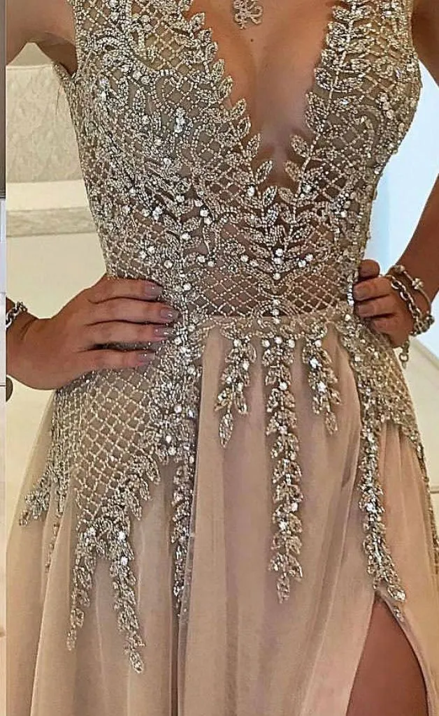 2024 A-line V-neck Nude Tulle with Slit Sexy Shinny Rhinestone Long Prom Dresses JS634