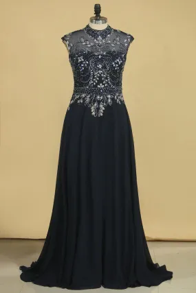 A Line High Neck Beaded Bodice Prom Dresses Open Back Chiffon