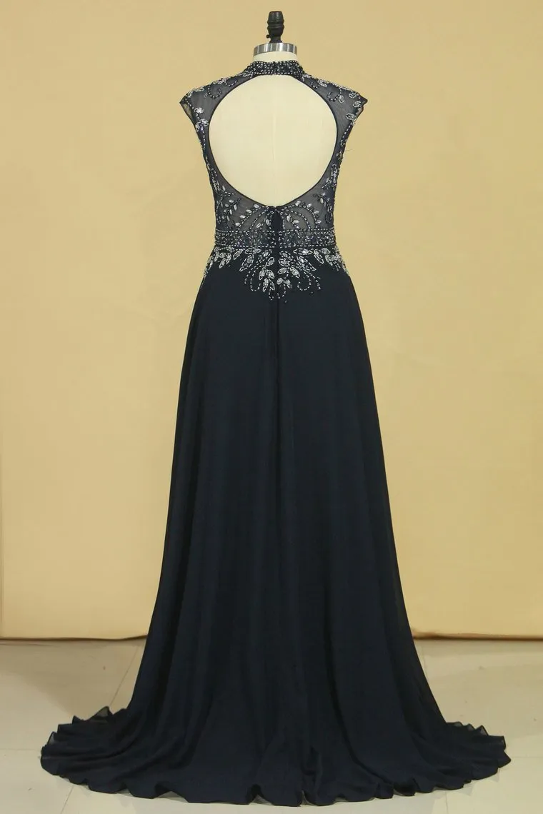 A Line High Neck Beaded Bodice Prom Dresses Open Back Chiffon