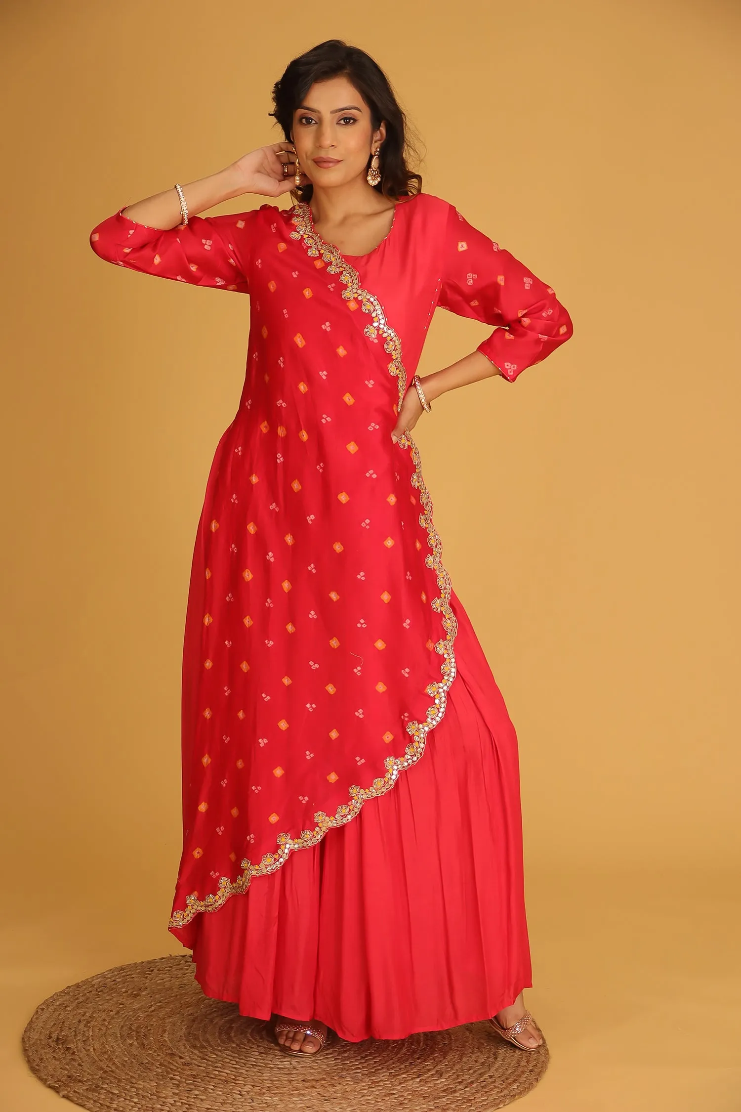 Bandhej Chanderi Jump Suit with Gota Patti work.