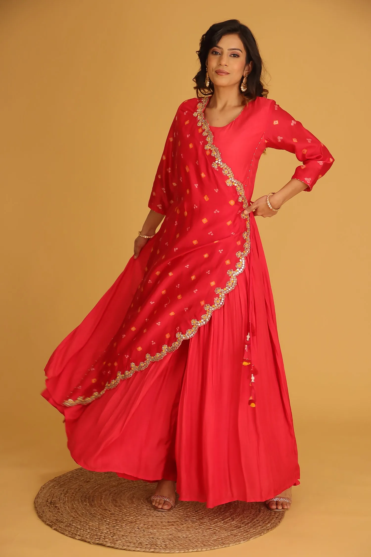 Bandhej Chanderi Jump Suit with Gota Patti work.