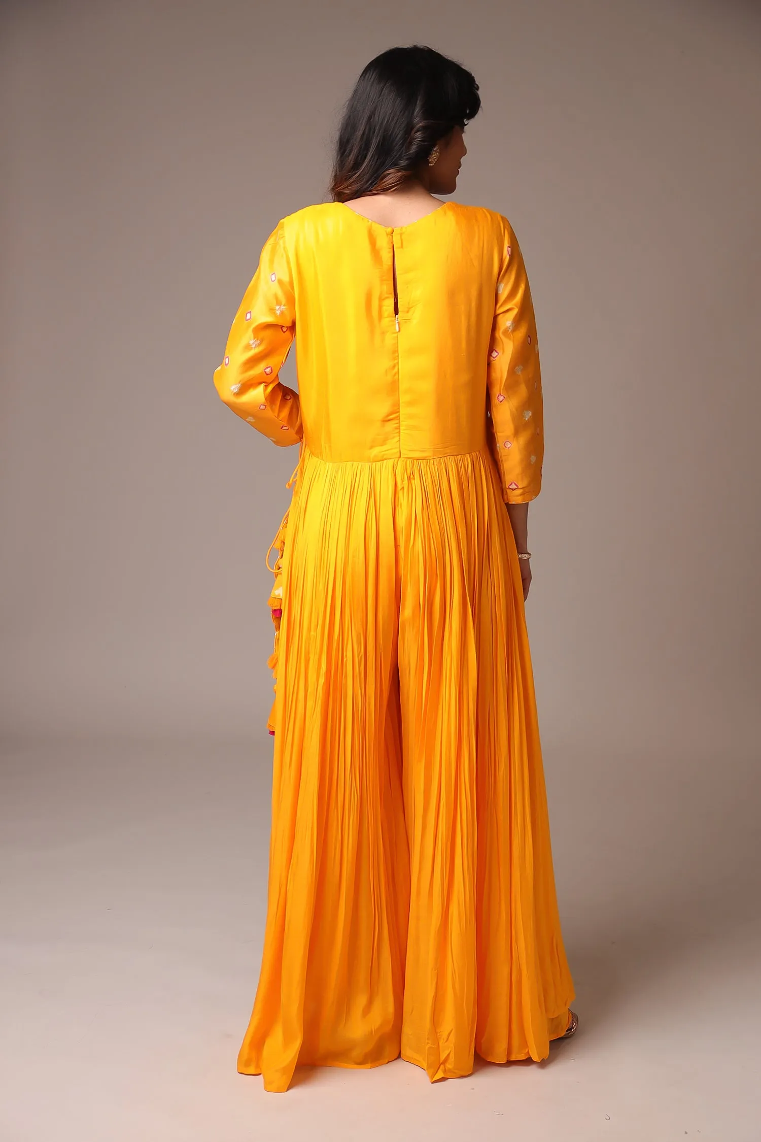 Bandhej Chanderi Jump Suit with Gota Patti work.