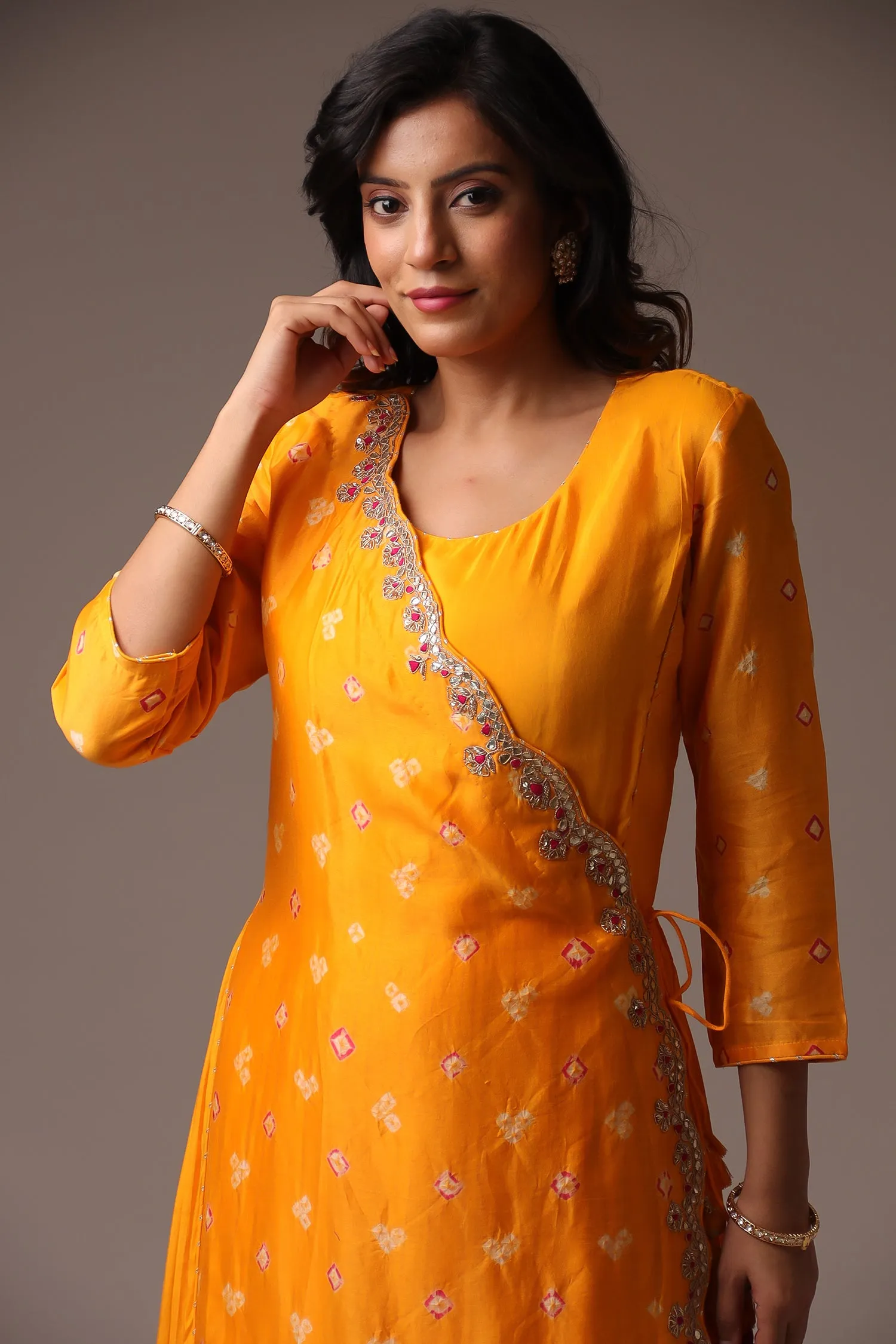 Bandhej Chanderi Jump Suit with Gota Patti work.