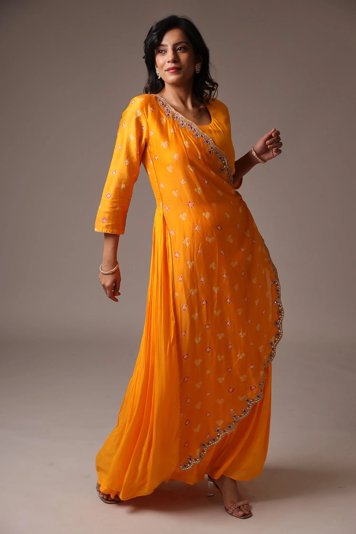 Bandhej Chanderi Jump Suit with Gota Patti work.