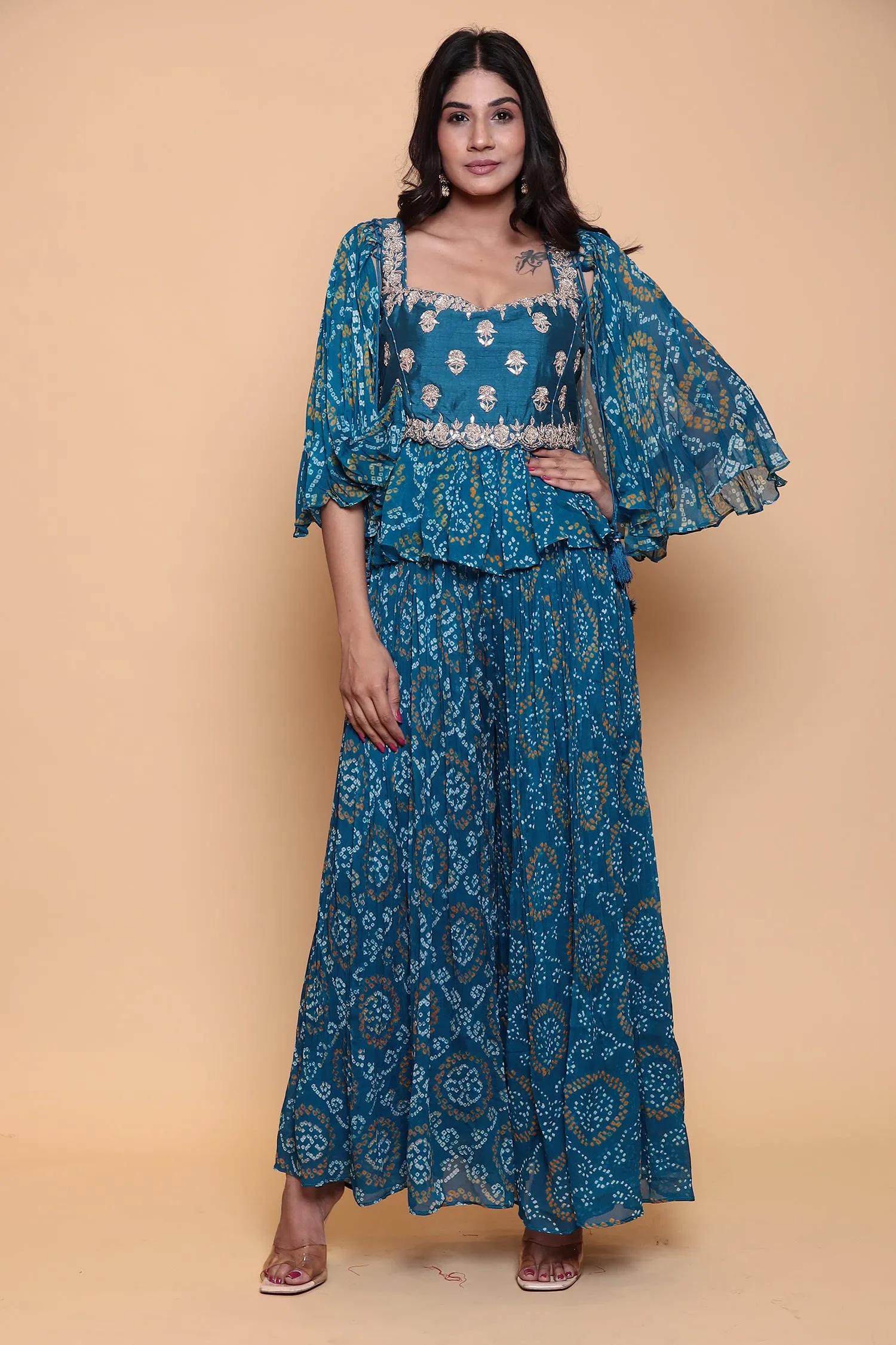 Bandhej Georgette Jump Suit with Gota Patti work.