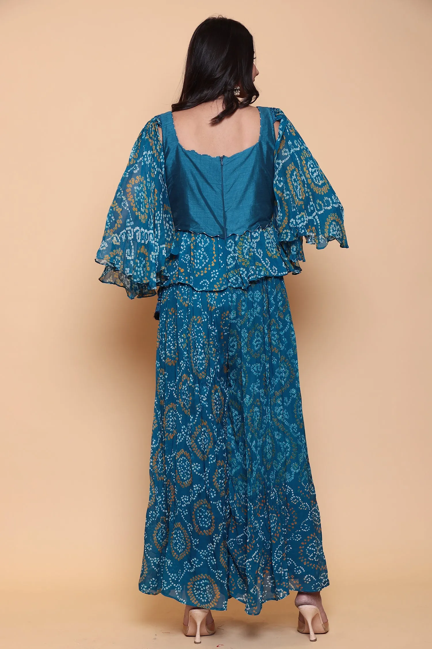 Bandhej Georgette Jump Suit with Gota Patti work.