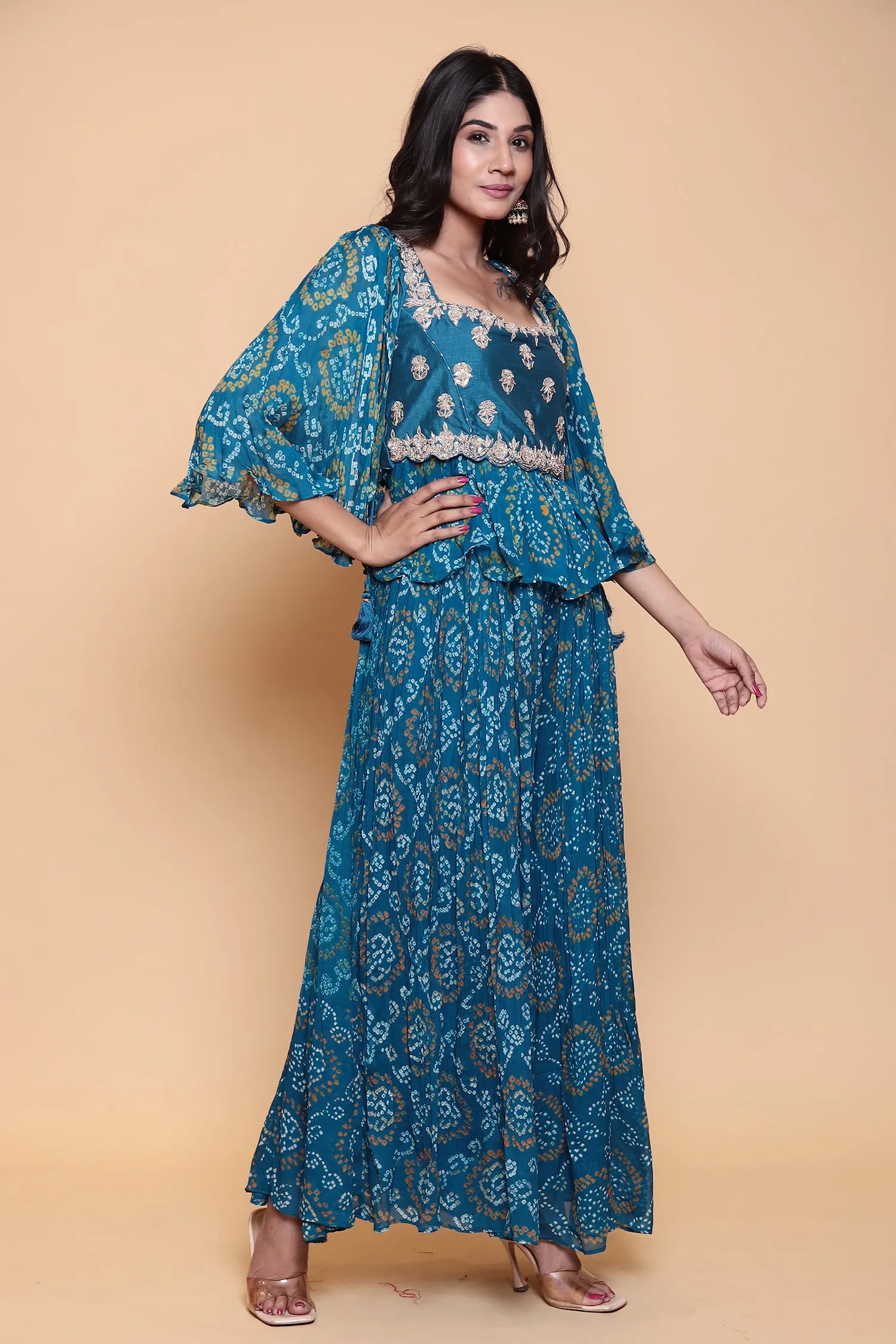 Bandhej Georgette Jump Suit with Gota Patti work.