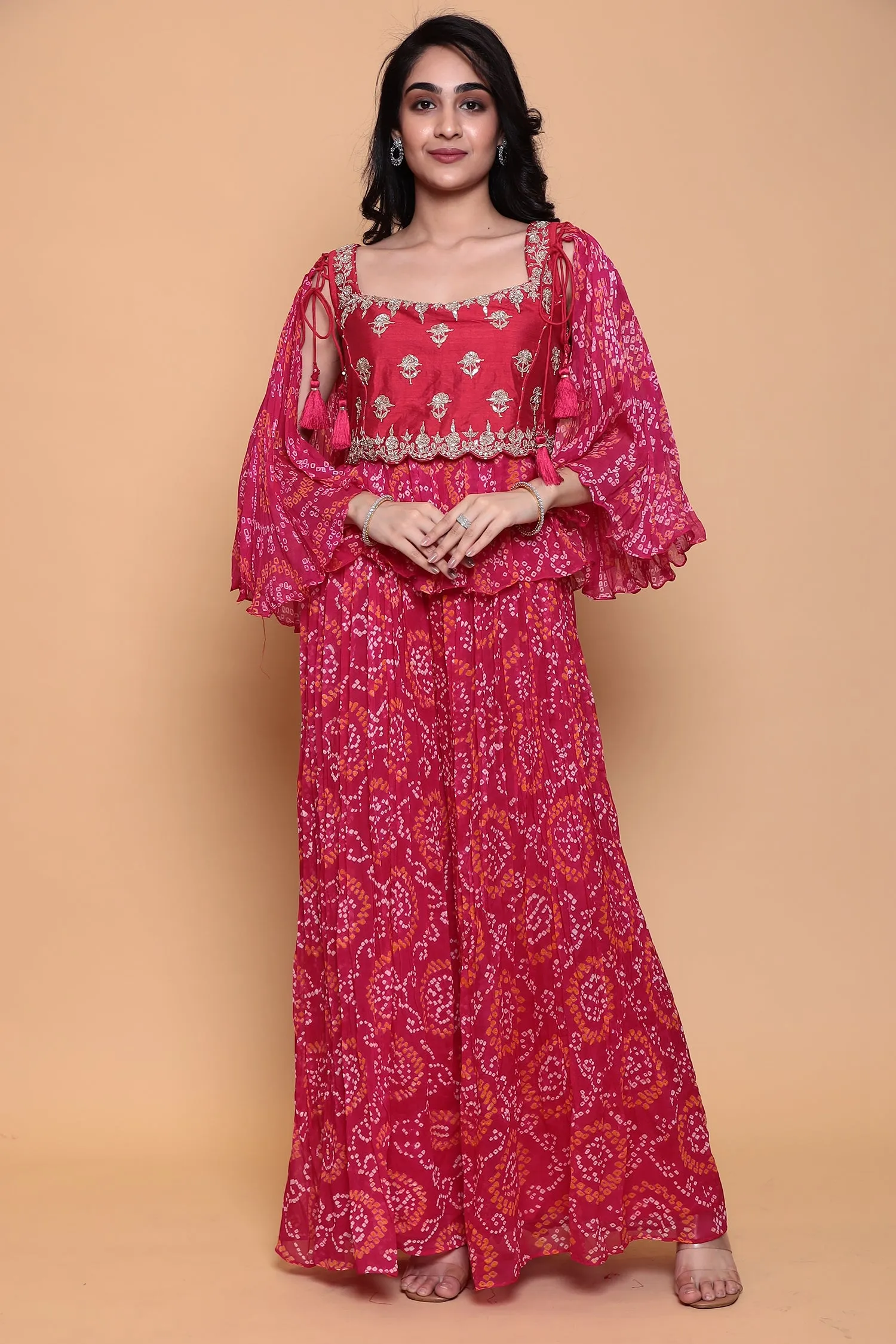 Bandhej Georgette Jump Suit with Gota Patti work.