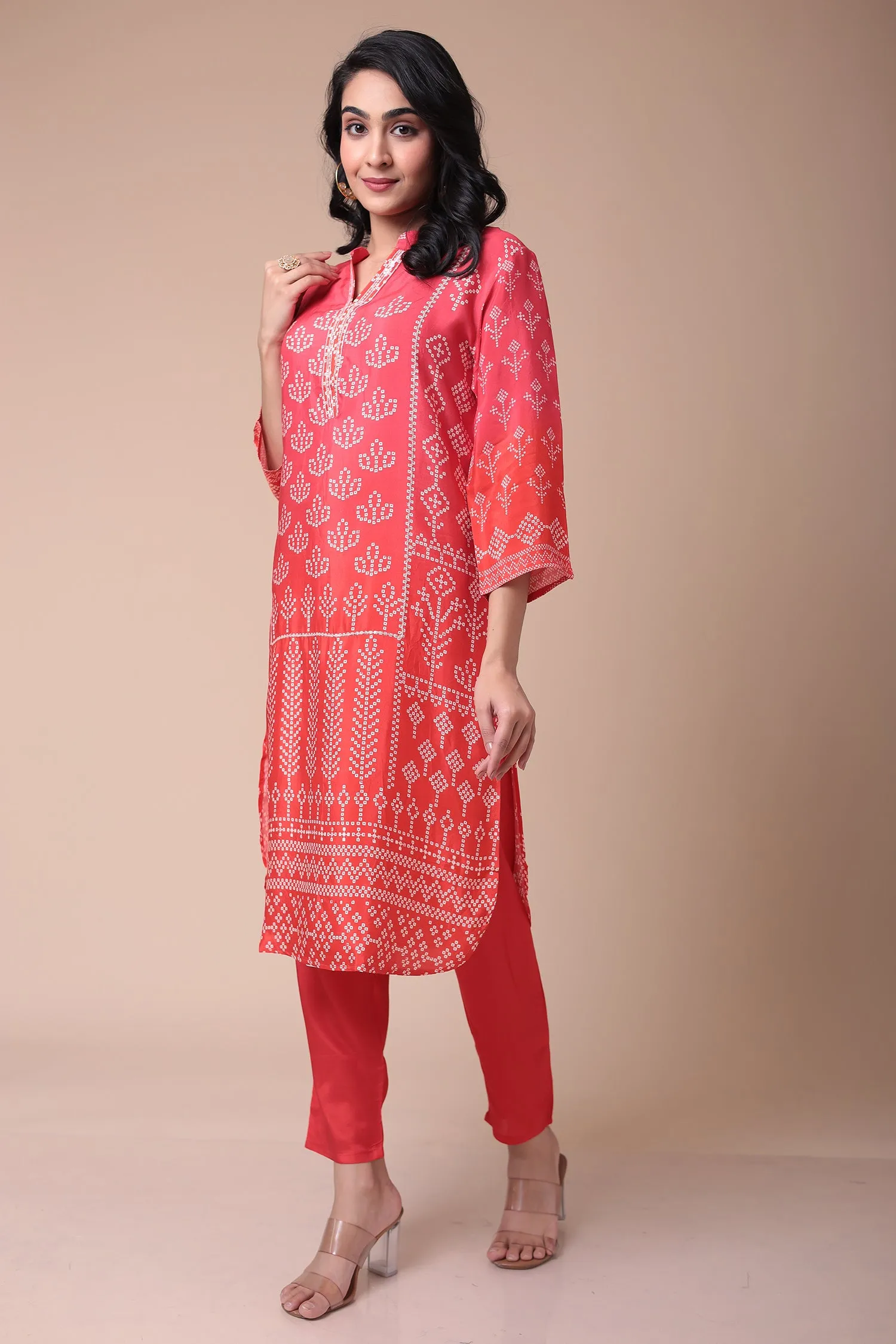 Bandhej Silk Blend Kurta Set with Embroidered work