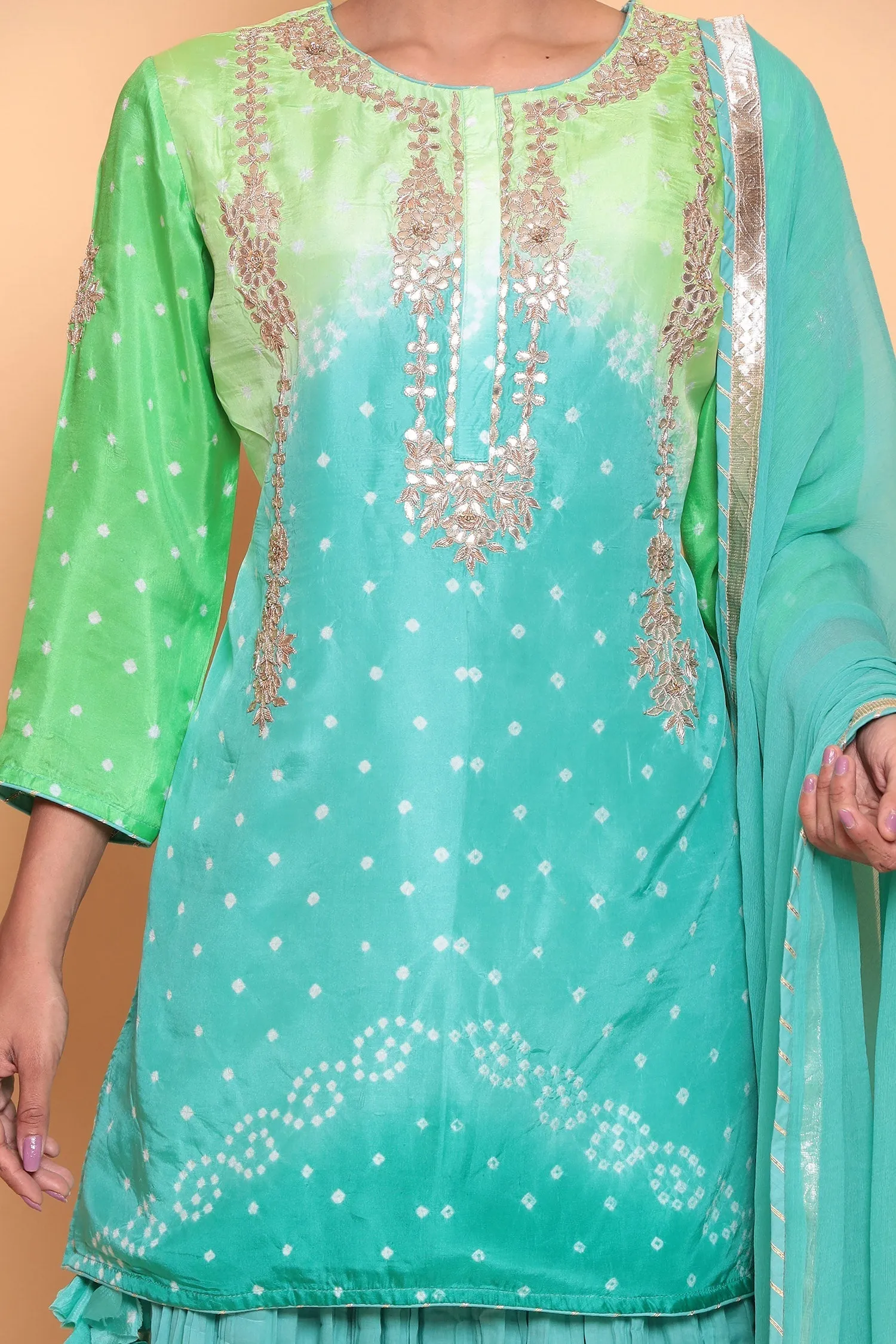 Bandhej Silk Suit with Gota Patti work.