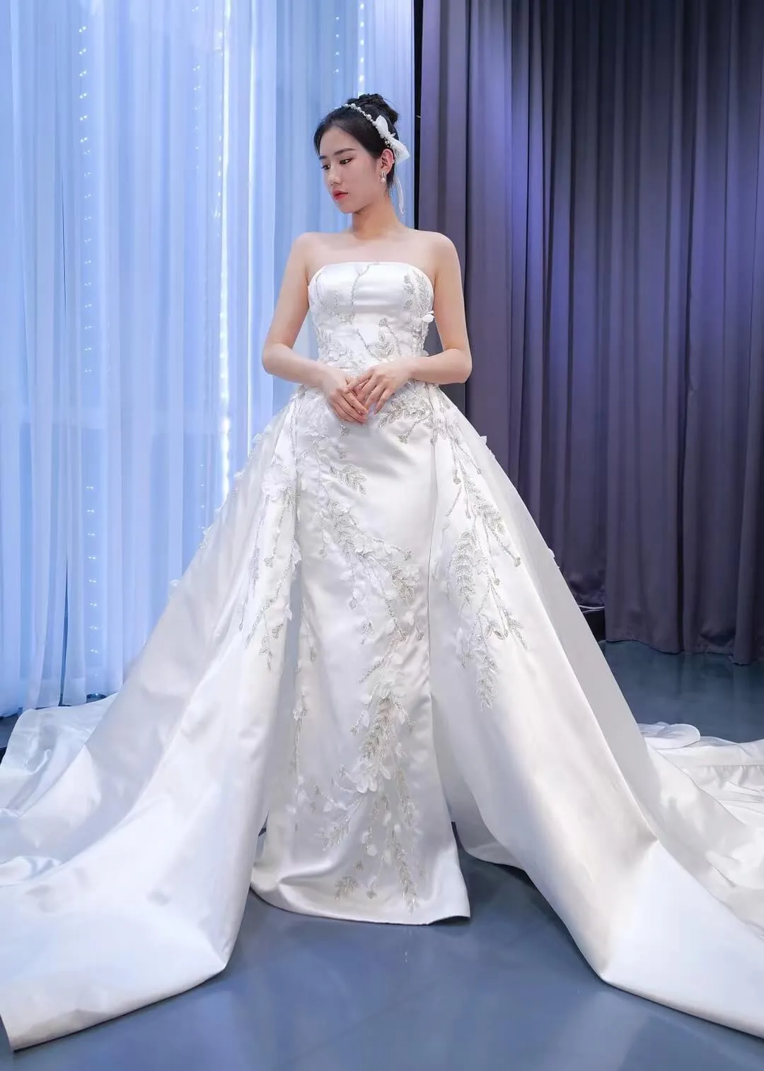 Elegant Beaded 3D Flower Satin Wedding Dress with Sleeves - Style 67282