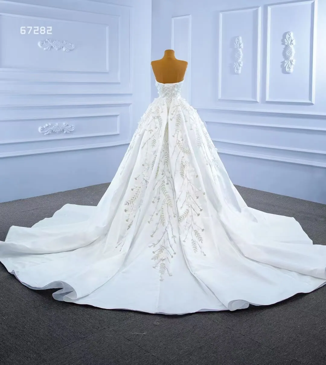 Elegant Beaded 3D Flower Satin Wedding Dress with Sleeves - Style 67282