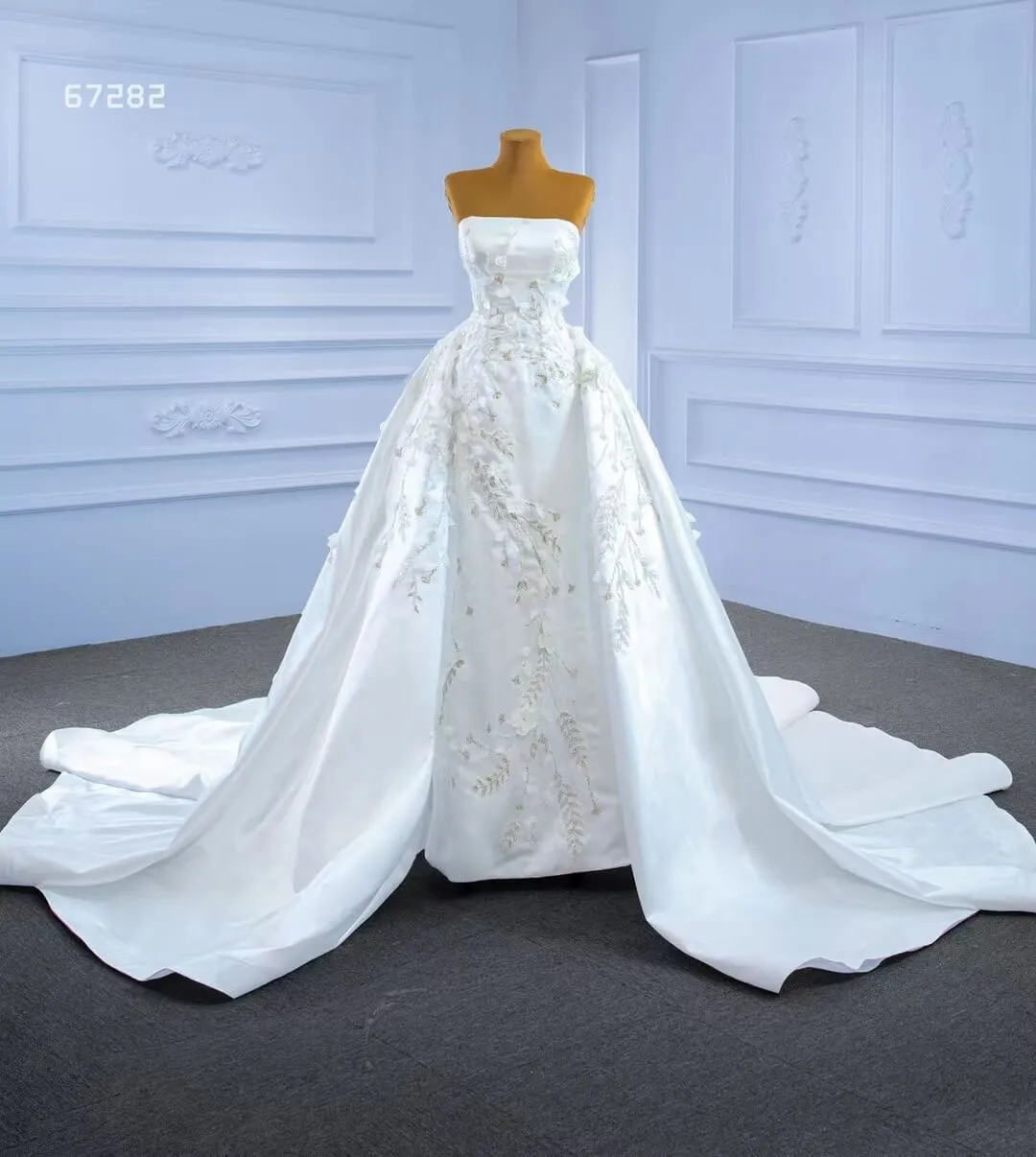 Elegant Beaded 3D Flower Satin Wedding Dress with Sleeves - Style 67282