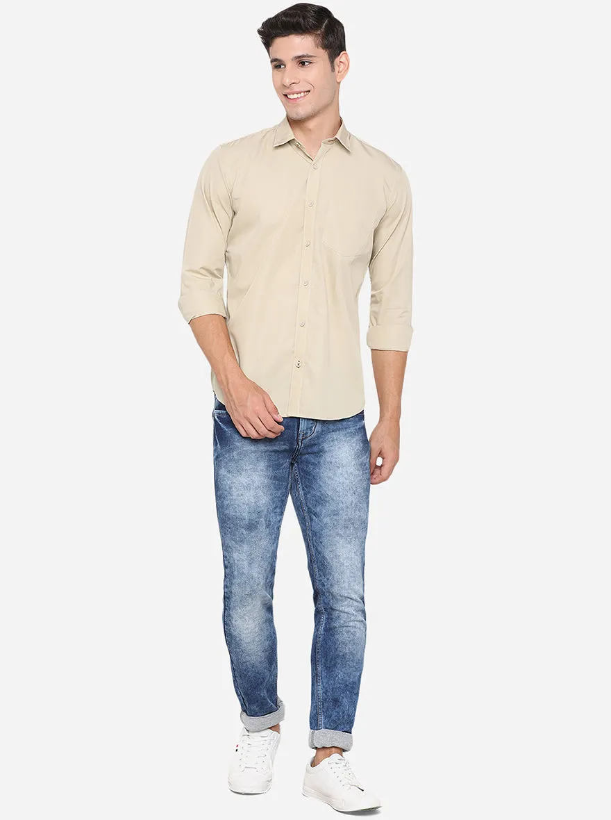 Beige Solid Slim Fit Casual Shirt | JadeBlue