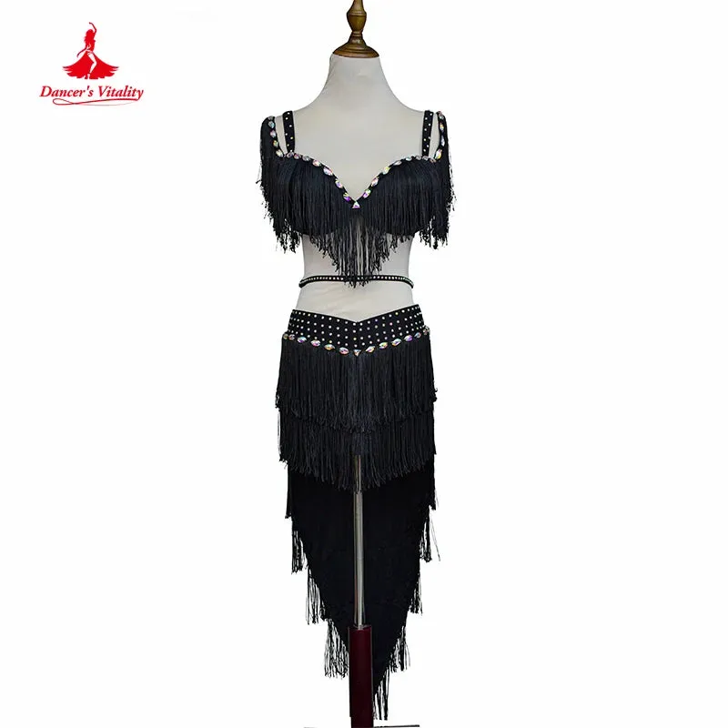 Belly Dance High-End Custom Female Child Adult Elegant Tassel Bra Practice Clothes Suit Diamond Top Long Skirt Performance Set