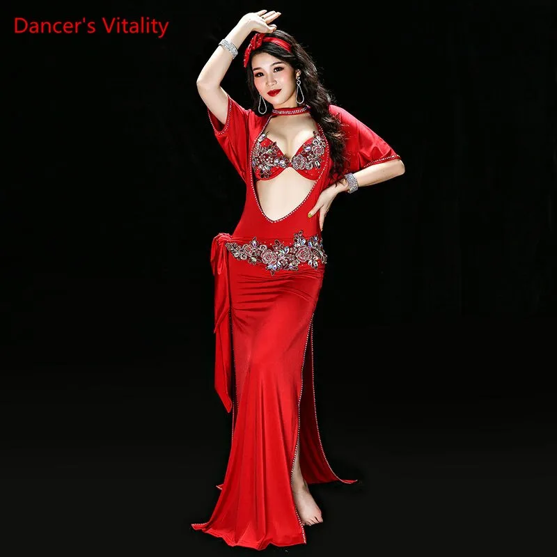 Belly Dance Performance Clothing for Women Shaabi Baladi 4pcs Bra Robe Headband Belt Underpants Belly Dancing Stage Robes