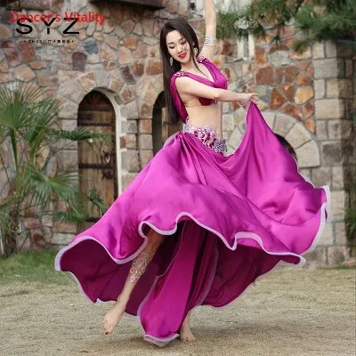 High-End Womens Belly Dance Costume Set - Luxurious Satin Bra and Split Big Swing Skirt for Oriental Dance Performances and Competitions