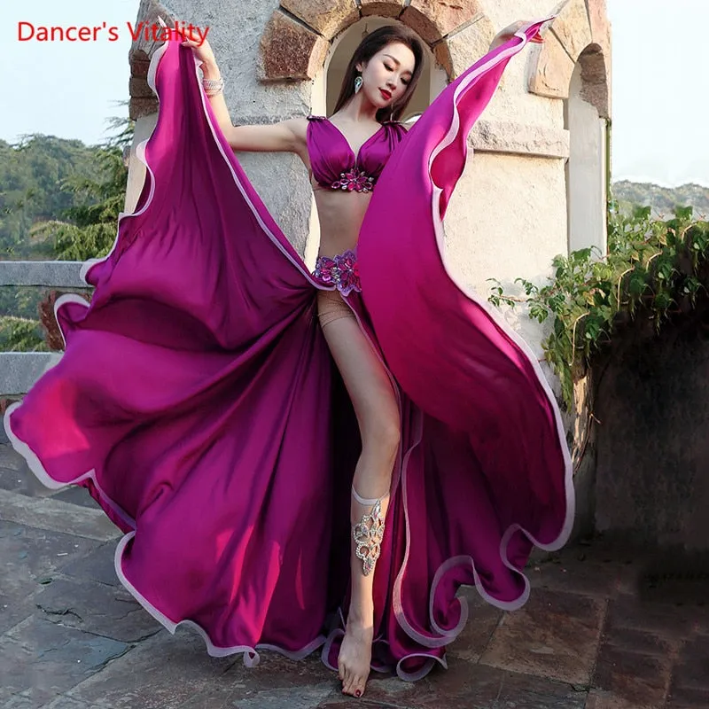 High-End Womens Belly Dance Costume Set - Luxurious Satin Bra and Split Big Swing Skirt for Oriental Dance Performances and Competitions