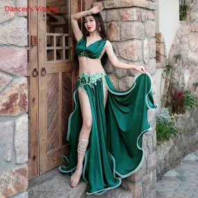 High-End Womens Belly Dance Costume Set - Luxurious Satin Bra and Split Big Swing Skirt for Oriental Dance Performances and Competitions