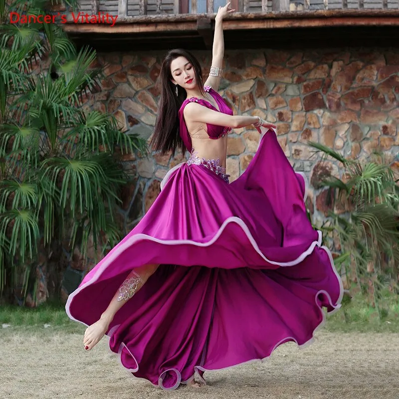 High-End Womens Belly Dance Costume Set - Luxurious Satin Bra and Split Big Swing Skirt for Oriental Dance Performances and Competitions