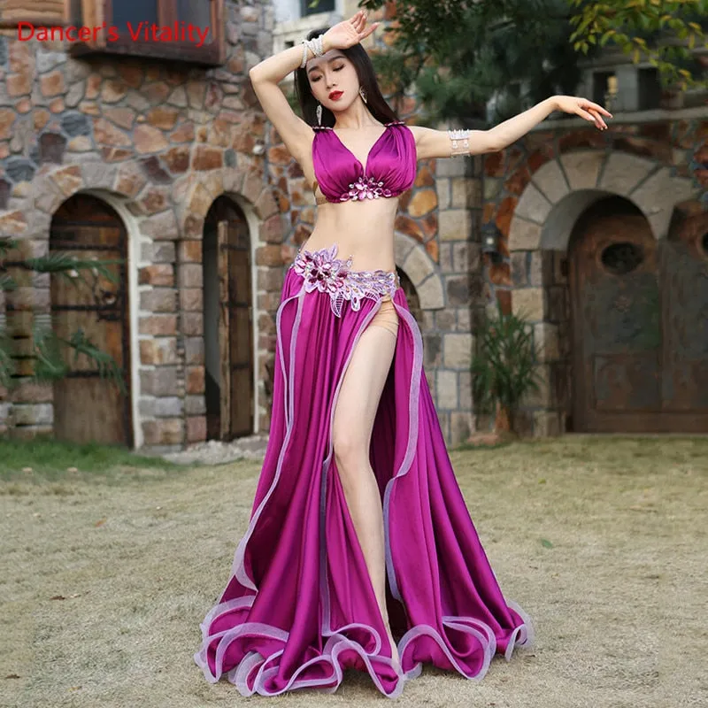 High-End Womens Belly Dance Costume Set - Luxurious Satin Bra and Split Big Swing Skirt for Oriental Dance Performances and Competitions