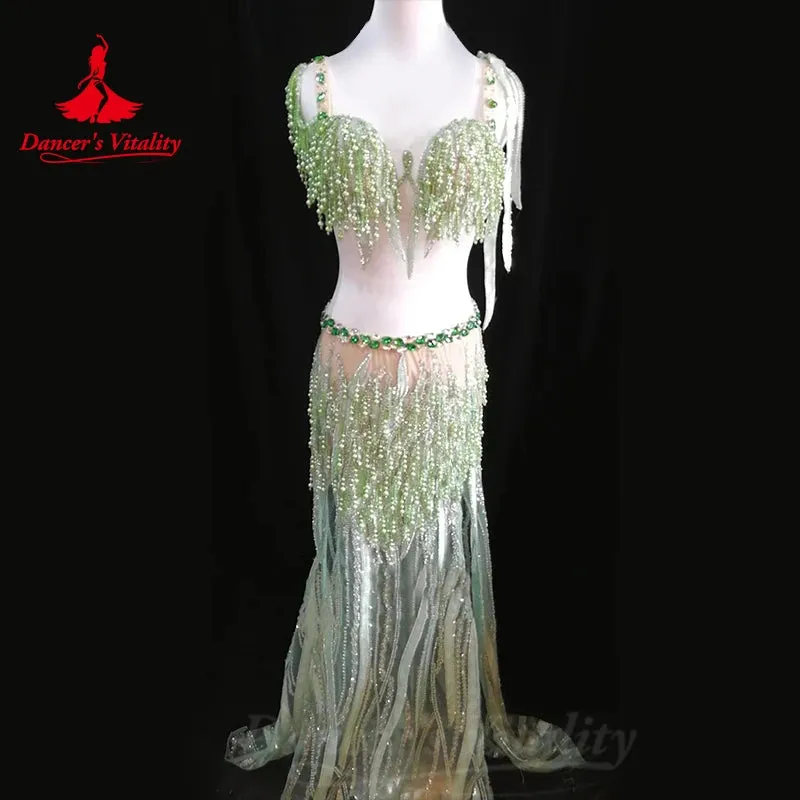 Bellydance Costumes Women's  Sets Diamonds Bra sexy Pearl Tassels Long Skirt Oriental Dance Professional Performance Clothing