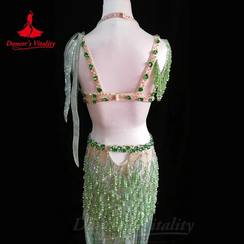 Bellydance Costumes Women's  Sets Diamonds Bra sexy Pearl Tassels Long Skirt Oriental Dance Professional Performance Clothing