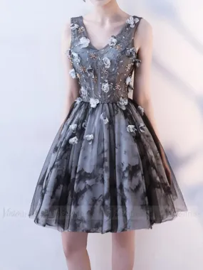 Black & Gray Floral Homecoming Dresses with Corset Back SD1003B