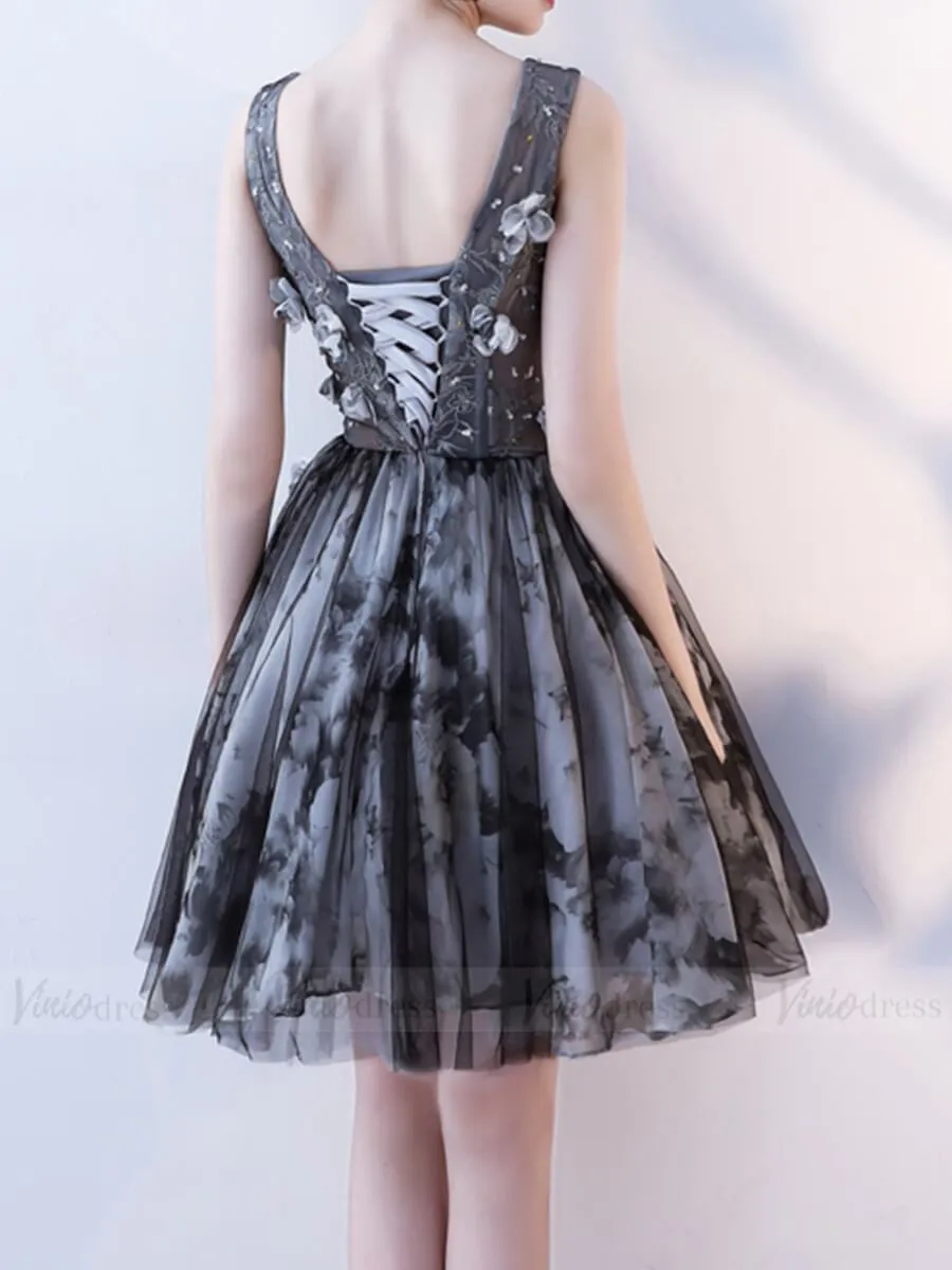 Black & Gray Floral Homecoming Dresses with Corset Back SD1003B