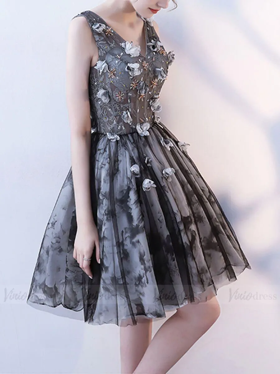 Black & Gray Floral Homecoming Dresses with Corset Back SD1003B