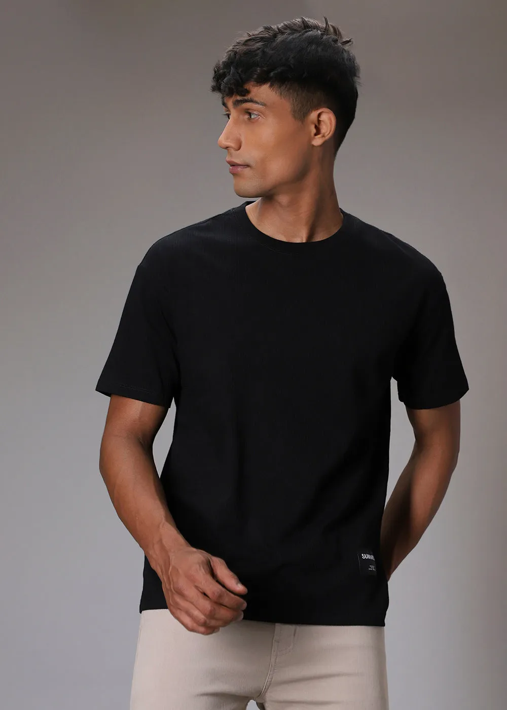 Black Ribbed Regular Fit T-shirt