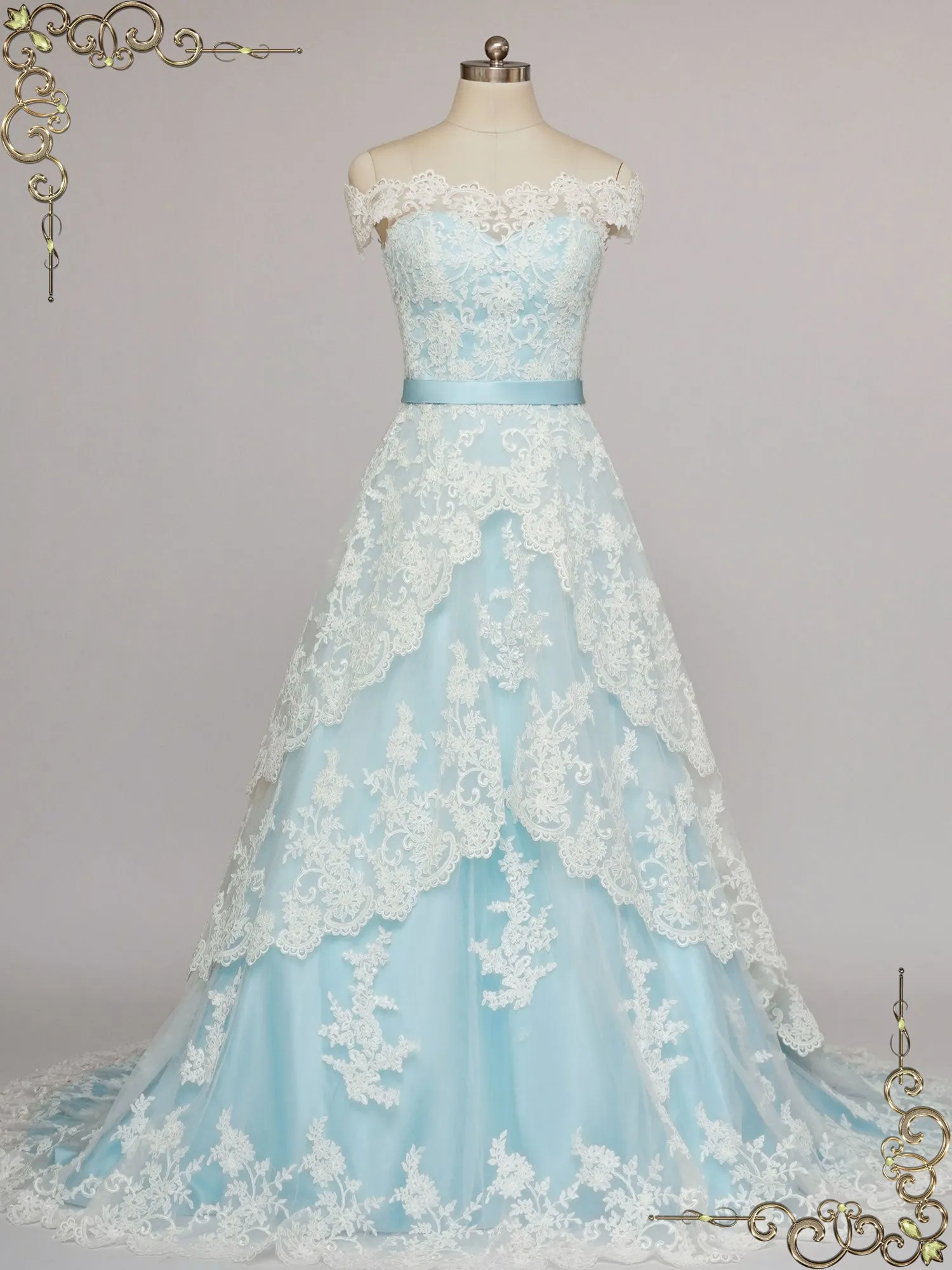 Blue Lace Wedding Dress with Tiered Lace Skirt MADELYN