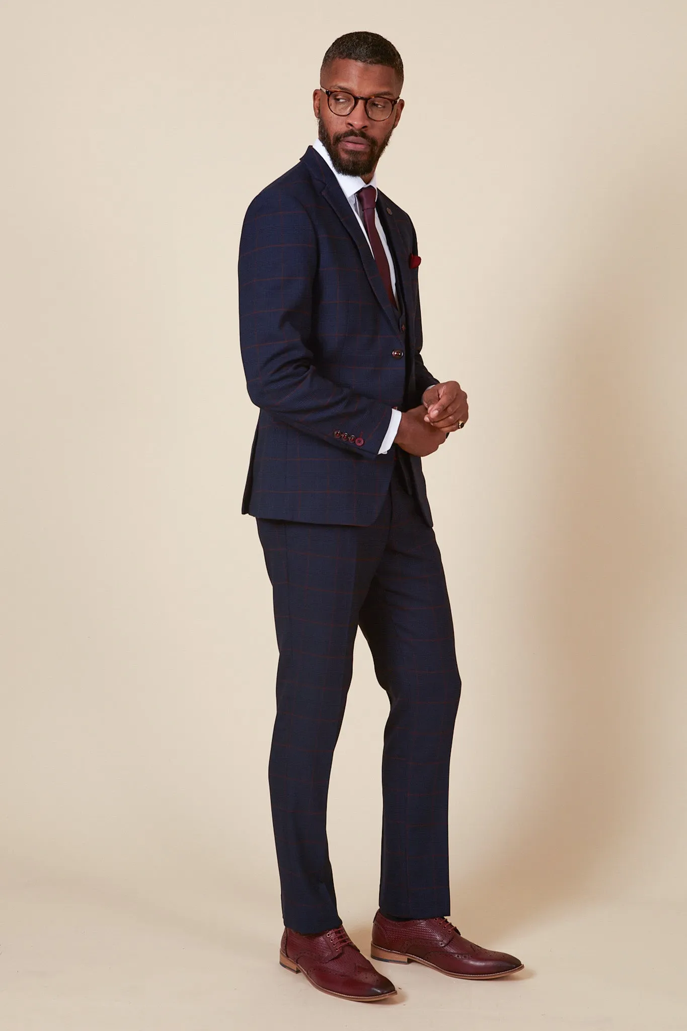 EDINSON - Navy Wine Check Three Piece Suit