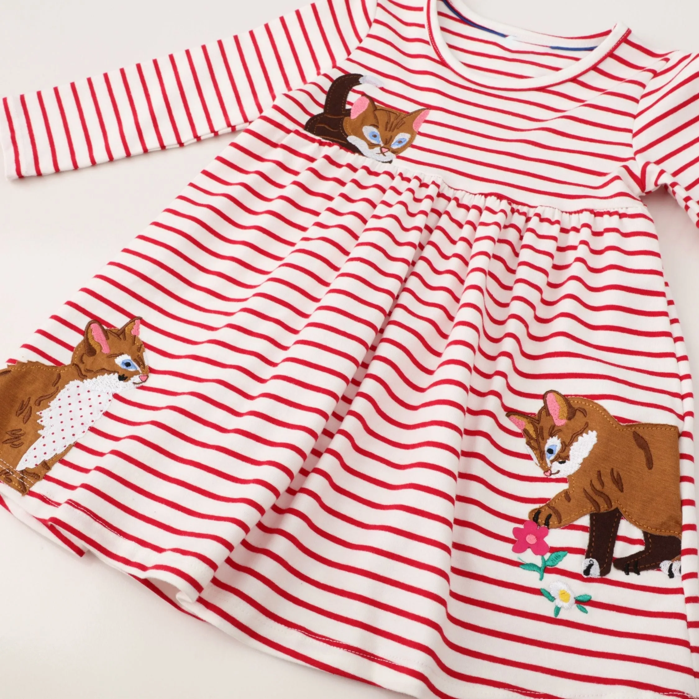 Full Sleeve Cute Cats Theme Red Striped Girls Dress, Pink