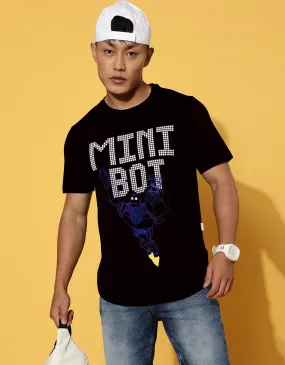 Mini Bot Black Regular Chest Graphic Printed Tshirt