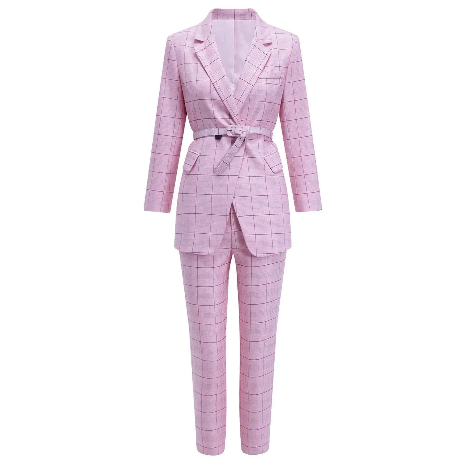 Pink Plaid Belted Blazer & Skinny Pants Set